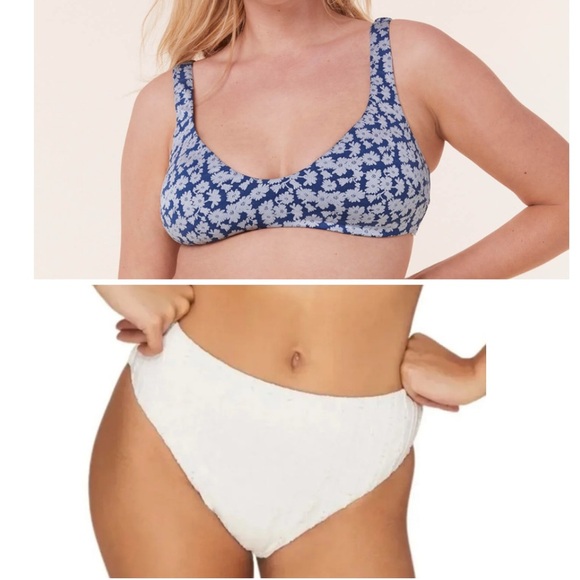 Andie Bikini Set Delray Top 90s High Waisted Bottom Bikini blue cream sz XS NWT - Picture 1 of 13
